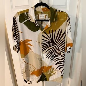 Denim & Flower Leaf Print Men's Casual Button Down Shirt - Green, Orange, Cream
